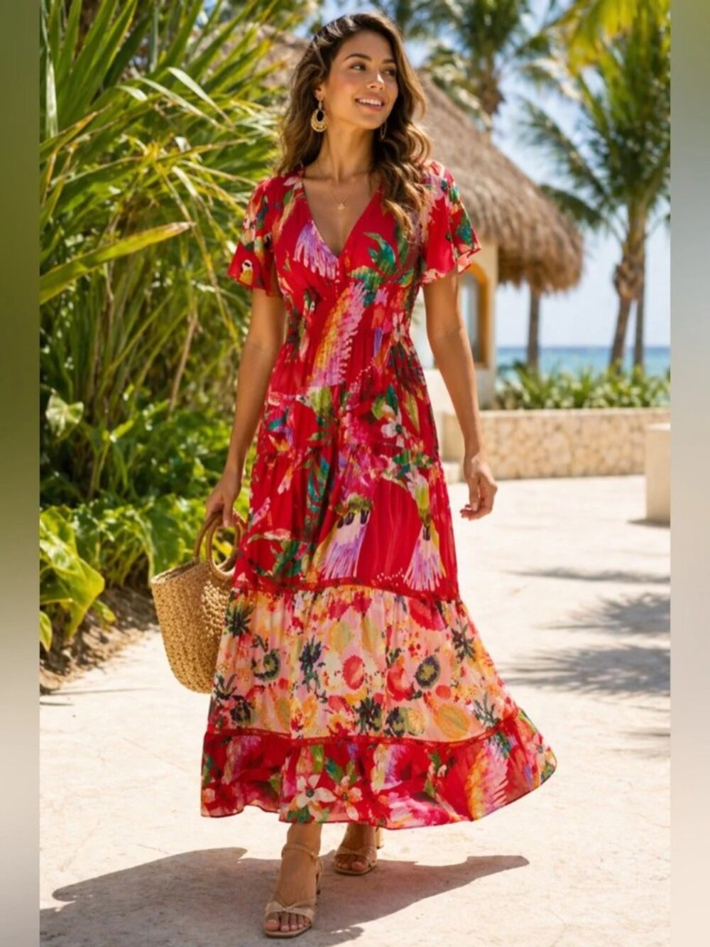Farm Rio Macaw Maxi Dress Short Sleeve Smocked V Neck Floral A Line Red Size XS